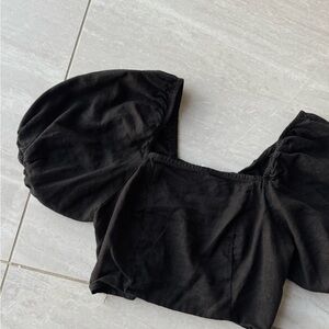 Elegant Black Linen Puff Sleeve Top